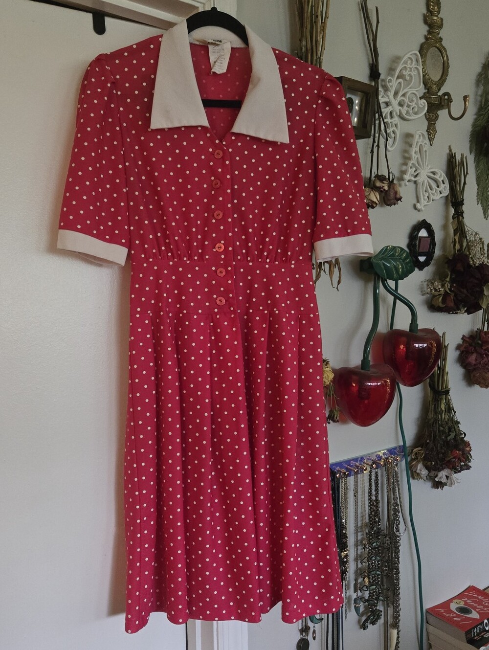 Vintage Mid Century Polka Dot Collared Diner Dress Md